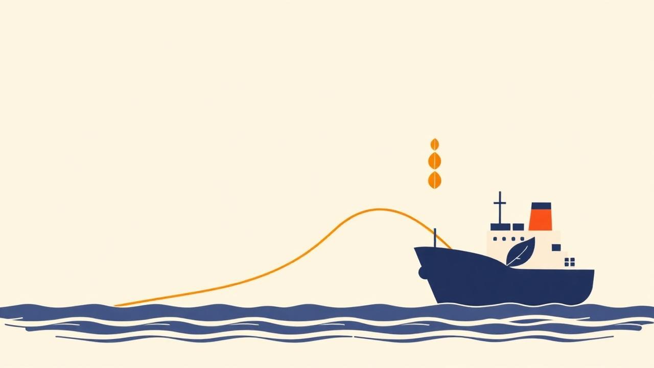 Vector illustration of a vessel with a declining emissions curve and leaf motif